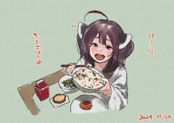 Rule 34 | 1girl, :d, ahoge, bowl, brown eyes, brown hair, chopsticks, dated, food, food request, from above, green background, hair between eyes, headgear, holding, holding bowl, holding chopsticks, japanese clothes, kimono, lamb (hitsujiniku), long sleeves, looking at viewer, looking up, open mouth, plate, smile, solo, table, touhoku kiritan, translation request, twintails, upper body, voiceroid, white kimono, wide sleeves