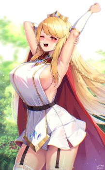 1girl ;d absurdres arm_up armpits black_garter_straps blonde_hair bloody0rabby braid breasts cape erpin_(trickcal) garter_straps highres large_breasts long_hair looking_at_viewer one_eye_closed open_mouth red_cape red_eyes sideboob signature single_braid skirt smile sparkling_eyes teeth thighhighs tiara trickcal twitter_username upper_teeth_only white_skirt white_thighhighs