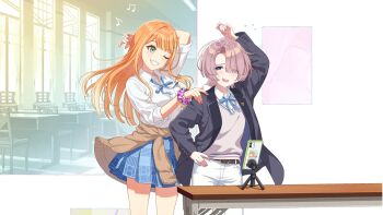 arimura_mao arm_behind_head belt blonde_hair brown_hair buttons cellphone chair clothes_around_waist collared_shirt gakuen_idolmaster game_cg green_eyes grin hand_on_another&#039;s_shoulder idolmaster musical_note neck_ribbon official_art one_eye_closed open_mouth orange_hair phone phone_stand ribbon shirt shiun_sumika skirt smartphone smile sweater sweater_around_waist sweater_vest table white_shirt window
