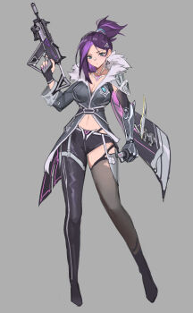 1girl absurdres asymmetrical_footwear black_coat black_gloves blue_eyes breasts cleavage coat commentary_request contrapposto cyberpunk fingerless_gloves full_body gloves grey_background gun highres holding holding_gun holding_weapon large_breasts mechanical_arms medium_hair mismatched_footwear original purple_hair simple_background single_fingerless_glove single_mechanical_arm solo weapon youlan