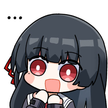 ... 1girl black_hair bright_pupils chibi chibi_only chisa_(wuthering_waves) commentary hands_up long_hair mole mole_under_eye revision simple_background solo symbol-only_commentary twomoon upper_body white_background white_pupils wuthering_waves