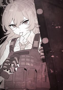 Rule 34 | 1girl, absurdres, ahoge, black gloves, blue archive, bulletproof vest, collared shirt, commentary request, crossed bangs, dirty, dirty face, explosive, eyelashes, fighting stance, fingerless gloves, gloves, grenade, grenade pin in mouth, grin, hair between eyes, halo, hands up, highres, holding, holding grenade, holding shield, hoshino (armed) (blue archive), hoshino (blue archive), limited palette, long hair, looking at viewer, necktie, official alternate costume, oiru (613), school uniform, shield, shirt, smile, solo, tactical school uniform, tsurime, upper body, v-shaped eyebrows, white shirt