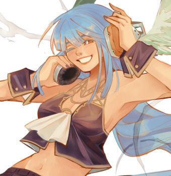 1girl angel_wings armpits asymmetrical_wings bare_shoulders blue_hair blue_nails borcheim breasts cleavage commentary dizzy_(guilty_gear) english_commentary guilty_gear headphones long_hair looking_at_viewer medium_breasts midriff nail_polish navel one_eye_closed parted_lips red_eyes shorts sidelocks smile solo stomach wings wrist_cuffs