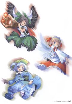 3girls absurdres arm_cannon backpack bag black_hair black_wings blue_eyes blue_hair bow brown_eyes cape fairy fairy_wings frills hair_bobbles hair_ornament hair_ribbon hat headdress highres kawashiro_nitori key long_hair long_sleeves looking_at_viewer motion_blur multiple_girls open_mouth orange_hair pop puffy_sleeves red_hair reiuji_utsuho ribbon scan shirt short_hair short_sleeves simple_background skirt skirt_set smile sunny_milk third_eye touhou twintails two_side_up vest weapon white_background wide_sleeves wings