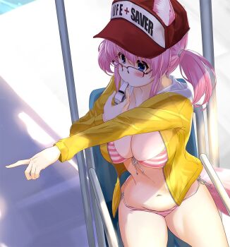 Rule 34 | 1girl, animal ears, baseball cap, beach, bikini, black-framed eyewear, blowing whistle, blue eyes, breasts, chair, clothes writing, commentary request, day, dog ears, dog girl, dog tail, english text, female focus, front-tie bikini top, front-tie top, hair tie, hat, holding, holding whistle, hood, hoodie, jacket, kiryuu takahisa, large breasts, lifeguard, lifeguard chair, looking to the side, medium hair, navel, no pants, open clothes, open jacket, original, outdoors, over-rim eyewear, pink bikini, pink hair, pointing, red hat, semi-rimless eyewear, side-tie bikini bottom, sitting, skindentation, solo, striped bikini, striped clothes, swimsuit, tail, twintails, whistle, yellow jacket