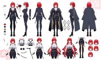 1girl absurdres black_boots black_choker black_coat black_gloves black_pants black_shorts black_suit blush boots breasts capo_miyo choker cleavage closed_mouth coat coat_on_shoulders collarbone collared_shirt color_guide commentary cross cross_necklace earrings facial_scar flower formal_clothes gloves high-waist_shorts high_heel_boots high_heels highres indie_virtual_youtuber jewelry long_hair long_sleeves multiple_expressions multiple_views necklace noir_eku official_alternate_hair_length official_alternate_hairstyle open_mouth pants pinstripe_pattern pinstripe_suit red_eyes red_flower red_hair red_rose reference_sheet rose scar scar_on_cheek scar_on_face second-party_source shirt short_hair shorts sleeves_rolled_up smile suit virtual_youtuber white_shirt