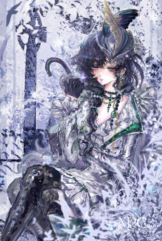 1girl absurdres black_boots black_gloves black_hair black_hat boots chinese_commentary commentary_request dress earrings fascinator feet_out_of_frame frilled_sleeves frills gloves grey_background half_gloves hand_up hat hat_feather highres isolde_(reverse:1999) jewelry long_hair long_sleeves necklace npc_(npc7392844) plant purple_eyes reverse:1999 sitting solo thigh_boots watermark white_dress