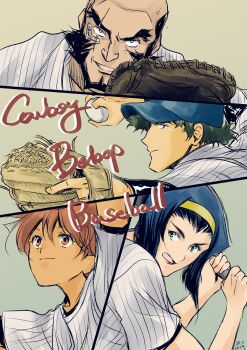 Rule 34 | 2boys, 2girls, absurdres, baseball, baseball bat, beard, commentary, cowboy bebop, edward wong hau pepelu tivrusky iv, facial hair, faye valentine, hairband, highres, holding, holding baseball bat, jet black, lipstick, makeup, multiple boys, multiple girls, scar, scar across eye, scar on face, smile, spike spiegel, tobalin, yellow hairband