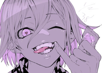 Rule 34 | 1boy, checkered clothes, checkered scarf, commentary request, condom, danganronpa (series), danganronpa v3: killing harmony, finger to mouth, flipped hair, hair between eyes, hand up, heart, heart-shaped pupils, holding, holding condom, looking at viewer, male focus, matudairaks, monochrome, oma kokichi, one eye closed, parted lips, pink eyes, pink hair, pink theme, pinky to mouth, portrait, scarf, short hair, smile, solo, symbol-shaped pupils, teeth, tongue, tongue out, two-tone scarf, white background