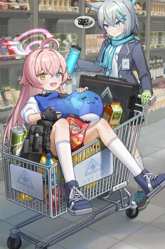1girl 2girls ahoge animal_ears black_gloves blue_archive blue_eyes blue_scarf bottle commentary_request cross_hair_ornament czy5201314 doritos fingerless_gloves gloves green_gloves grey_hair grey_jacket grey_shoes hair_ornament halo heterochromia highres holding holding_bottle hoshino_(blue_archive) id_card in_shopping_cart jacket long_sleeves looking_at_viewer miniskirt multiple_girls open_mouth pink_hair plaid_clothes plaid_skirt pleated_skirt scarf shiroko_(blue_archive) shoes shopping shopping_cart sitting skirt smile socks spoken_squiggle squiggle supermarket white_socks wolf_ears wolf_girl yellow_eyes
