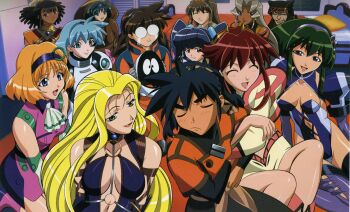 00s 2boys 6+girls :d absurdres amarone_slaintheav animal_costume arm_hug ascot barnette_orangello bear_costume bed bedroom belt belvedere_coco black_hair blonde_hair blue_hair blush bodysuit braid breasts brown_hair buzam_a_calessa celtic_midori center_opening cleavage closed_eyes costume couple dark_skin detached_sleeves dita_liebely dreadlocks everyone ezra_veil frown glasses gloves green_hair grey_hair hair_ribbon hairband harem hat hetero hibiki_tokai highleg highres hood jura_basil_elden kuroda_kazuya large_breasts leotard lipstick long_hair magno_vivian makeup meia_gisborn multiple_boys multiple_girls no_bra non-web_source open_mouth paiway_underberg parfet_balblair poster_(object) pyoro red_hair ribbon robot scan scan_artifacts short_hair smile spiked_hair tears twin_braids twintails vandread very_long_hair