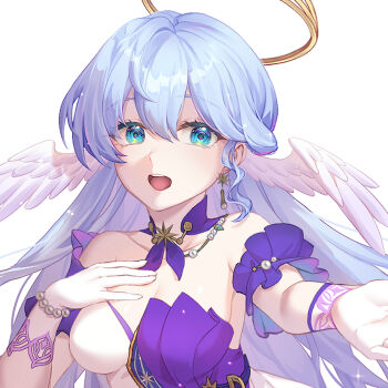 1girl aesice aliasing bare_shoulders beckoning blue_eyes blue_hair breasts detached_collar double-parted_bangs dress earrings elbow_gloves gloves hair_between_eyes halo hand_on_own_chest head_wings highres honkai:_star_rail honkai_(series) jewelry long_hair looking_at_viewer medium_breasts music open_mouth purple_dress reaching reaching_towards_viewer robin_(honkai:_star_rail) singing solo strapless strapless_dress two-tone_dress upper_body white_dress white_gloves wings