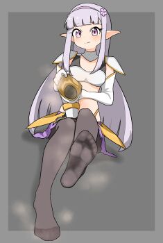 Rule 34 | 1girl, absurdres, armor, black pantyhose, blunt bangs, blush, boots, border, breasts, closed mouth, collarbone, elbow gloves, elnowar seylan, endro!, feet, flower, foot focus, full body, gloves, gold trim, grey background, grey border, hair flower, hair ornament, highres, holding, holding boots, holding footwear, holding unworn clothes, invisible chair, long hair, looking at viewer, miniskirt, nairo, navel, no shoes, pantyhose, pleated skirt, pointy ears, purple eyes, purple flower, purple hair, purple skirt, shoulder armor, sidelocks, simple background, sitting, skirt, small breasts, smell, soles, solo, spread legs, steaming body, toenails, toes, unworn boots, very long hair, white boots, white gloves