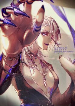 1girl black_jacket breasts cleavage dog fake_claws highres jacket jewelry long_sleeves looking_at_viewer medium_hair nashimoto_tsumire necklace path_to_nowhere reaching reaching_towards_viewer solo suit_jacket white_hair zoya_(path_to_nowhere)