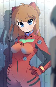 Rule 34 | 2girls, :<, absurdres, ayanami rei, blue eyes, blue hair, bodysuit, breasts, closed mouth, commentary, gjh, gloves, hands on own hips, highres, interface headset (evangelion), long hair, mecha pilot suit, medium breasts, multiple girls, neon genesis evangelion, orange hair, plugsuit (evangelion), red bodysuit, red gloves, shadow, short hair, souryuu asuka langley