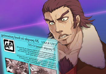 10s 1boy antonio_lopez brown_hair chest_hair english_text engrish_text eyeblack floating_screen green_eyes gyu-kaku male_focus mirrored_text news nira_(niratoro) o157 ranguage rock_bison short_hair solo sweat teeth tiger_&amp;_bunny wide-eyed