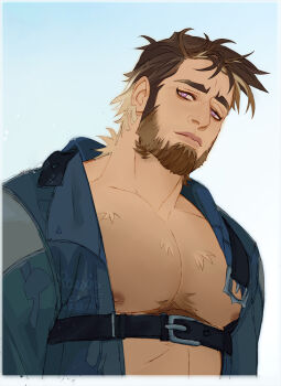 1boy bara bare_pectorals beard belt body_fur brown_hair chest_belt chest_tuft eyeliner facial_hair full_beard head_tilt jacket large_pectorals makeup male_focus mature_male muscular muscular_male nipples open_belt open_clothes open_jacket original paexie pectorals purple_eyes short_hair solo thick_beard thick_eyebrows upper_body wolf_(paexie)