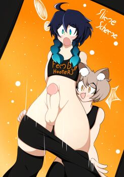 clothes_pull embarrassed felix_argyle femboy_hooters_(meme) genshin_impact highres male_focus re:zero_kara_hajimeru_isekai_seikatsu shorts shorts_pull slimescheme thick_thighs thighhighs thighs trap venti_(genshin_impact) yaoi