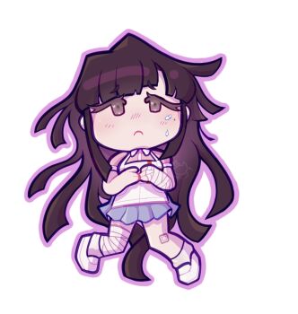 Rule 34 | 1girl, apron, bandage on leg, bandaged arm, bandaged hand, bandaged leg, bandages, blue skirt, blush, chibi, chibi only, closed mouth, collared shirt, commentary, danganronpa (series), danganronpa 2: goodbye despair, dumo-demonz, english commentary, eyelashes, frown, full body, long hair, pink shirt, purple eyes, purple hair, shirt, shoes, short sleeves, skirt, socks, solo, tears, transparent background, tsumiki mikan, white apron, white shoes, white socks