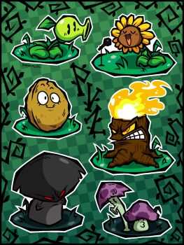 Rule 34 | angry, artist name, black border, blush, blush stickers, border, bumpadump2002, checkered background, clenched teeth, closed eyes, colored sclera, commentary, doom-shroom (plants vs. zombies), english commentary, fire, flower, full body, grass, green background, highres, leaf, microphone, microphone stand, mushroom, music, no humans, o3o, open mouth, outline, peashooter (plants vs. zombies), plants vs. zombies, puff-shroom (plants vs. zombies), red eyes, scaredy-shroom (plants vs. zombies), singing, smile, sunflower, sunflower (plants vs. zombies), sweat, teeth, torchwood (plants vs. zombies), tree stump, u u, v-shaped eyes, wall-nut (plants vs. zombies), white outline, yellow flower, yellow sclera