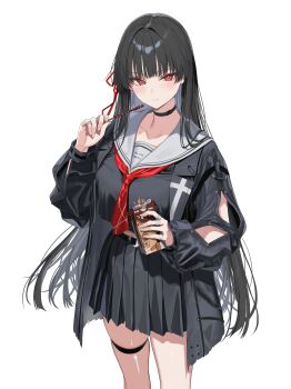 1girl absurdres arm_cutout belt black_belt black_choker black_hair black_jacket black_serafuku black_shirt black_skirt blunt_bangs blush breasts chisa_(wuthering_waves) choker closed_mouth clothing_cutout collarbone commentary_request cowboy_shot eating food grey_sailor_collar hair_ribbon hands_up hidis0086 highres holding holding_food holding_pocky jacket jewelry lapels large_breasts long_hair long_sleeves looking_at_viewer midriff_peek miniskirt mole mole_under_eye multiple_rings necktie notched_lapels open_clothes open_jacket pleated_skirt pocky red_eyes red_necktie red_ribbon ribbon ring sailor_collar school_uniform serafuku shirt shirt_overhang sidelocks simple_background skindentation skirt solo standing straight_hair thigh_strap very_long_hair white_background wuthering_waves