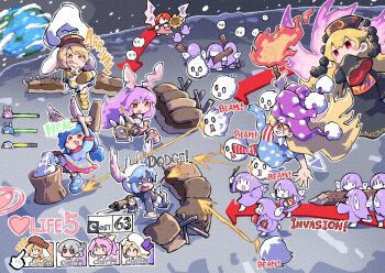 6+girls :3 :q american_flag_dress american_flag_legwear animal_ears arrow_(symbol) berusuke_(beru_no_su) black_dress black_hat black_jacket blonde_hair bloomers blue_dress blue_hair blush brown_hat chibi chibi_only chinese_clothes clownpiece crescent_print cursor dalachi_(headdress) dress earclip earth_(planet) english_text fairy fairy_wings fake_screenshot fighting floppy_ears flower food gameplay_mechanics grin gun hair_between_eyes hat health_bar helmet holding holding_flower holding_gun holding_mallet holding_torch holding_weapon jacket jester_cap junko_(touhou) kedama_(touhou) kine long_hair long_sleeves lunatic_gun mallet mochi mochitsuki mortar_(bowl) multiple_girls on_moon open_mouth orange_shirt pink_hair pink_skirt planet polka_dot polka_dot_headwear power_item_(touhou) purple_hat rabbit_ears rabbit_girl red_eyes red_tabard reisen_(touhou_bougetsushou) reisen_udongein_inaba rifle ringo_(touhou) sandbag seiran_(touhou) shaded_face shirt shorts skirt smile star_(symbol) star_print striped_clothes striped_dress striped_shorts sunflower sunflower_fairy_(touhou) tabard tongue tongue_out torch touhou underwear user_interface very_long_hair weapon white_bloomers white_skirt wide_sleeves wings yellow_flower yellow_shorts