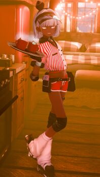 1boy 3d absurdres american_diner_bunny_boy_(nefer) animal_ears bedroom bob_cut commentary_request crop_top dark-skinned_male dark_skin diner dolphin_shorts fingerless_gloves fingernails gloves highres indoors leg_warmers long_fingernails looking_at_viewer nail_polish nefer original rabbit_ears roller_skates shorts skates smile standing trap white_leg_warmers