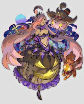 1girl absurdly_long_hair aged_up ahoge black_hat black_shoes bow bowtie braid commentary dark-skinned_female dark_skin diagonal-striped_bow diagonal-striped_bowtie diagonal-striped_clothes fangs gen_1_pokemon gen_6_pokemon gloves gourgeist grey_background hair_over_one_eye hat high_heels highres kantarou_(8kan) long_hair midriff nintendo personification pokemon pokemon_(creature) pumpkaboo purple_bow purple_bowtie red_bow red_bowtie shoes simple_background standing standing_on_one_leg striped_bow striped_bowtie striped_clothes trevenant very_long_hair vulpix yellow_eyes