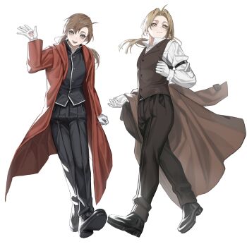 Rule 34 | 2boys, black jacket, black pants, black shoes, buttons, cbow, coat, collared shirt, commentary, edward elric, floating hair, full body, fullmetal alchemist, gloves, highres, holding, holding coat, holding unworn clothes, hood, hooded coat, jacket, long hair, male focus, multiple boys, pants, ponytail, red coat, shirt, shoes, simple background, standing, unworn coat, vest, waistcoat, white background, white gloves, white shirt