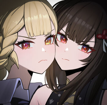 2girls absurdres alice_thymefield angry blonde_hair brown_hair center-flap_bangs cheek-to-cheek closed_mouth commentary double-parted_bangs english_commentary hair_ornament heads_together heterochromia highres long_hair looking_at_viewer multiple_girls oro_(lsg0624) portrait red_eyes simple_background v-shaped_eyebrows white_background ye_shunguang yellow_eyes zenless_zone_zero