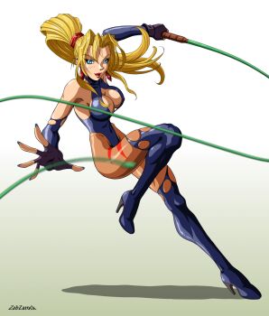 1girl artist_name bare_shoulders blonde_hair blue_eyes boots breasts cleavage earrings elbow_gloves female_focus fingerless_gloves gloves halterneck high_heel_boots high_heels highres jewelry large_breasts leotard lips lipstick long_hair makeup pantyhose ponytail scrunchie skindentation sofia sofia_(toushinden) solo thigh_boots thighhighs toushinden weapon whip zabzarock