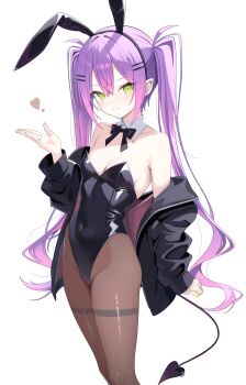 1girl absurdres animal_ear_hairband animal_ears barbell_piercing bare_shoulders black_bow black_bowtie black_jacket black_leotard black_pantyhose bow bowtie breasts center-flap_bangs cleavage closed_mouth commentary_request covered_navel cowboy_shot demon_girl demon_tail detached_collar ear_piercing earrings fake_animal_ears gradient_hair green_eyes hair_between_eyes hair_ornament hairband hairclip hand_up highleg highleg_leotard highres hololive industrial_piercing jacket jewelry leotard long_hair looking_at_viewer multicolored_hair nekonosuke off_shoulder paid_reward_available pantyhose parallel_hairclips piercing pink_hair playboy_bunny pointy_ears purple_hair rabbit_ear_hairband rabbit_ears simple_background small_breasts smile solo spiked_ear_piercing strapless strapless_leotard tail tail_ornament tail_piercing thighband_pantyhose tokoyami_towa twintails virtual_youtuber white_background