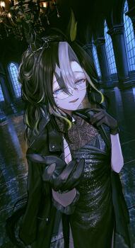 1girl animal_ears ballroom black_dress black_gloves black_hair black_jacket blue_eyes dream_journey_(umamusume) dress glasses gloves hair_between_eyes highres horse_ears horse_girl horse_tail jacket jacket_on_shoulders looking_at_viewer multicolored_hair open_mouth reaching reaching_towards_viewer see-through_cleavage see-through_clothes seikatsu solo tail two-tone_hair umamusume white_hair