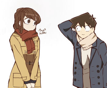 1boy 1girl black_eyes black_hair blue_coat buttons coat commentary_request jacket komi komi_shouko long_hair long_sleeves looking_at_another no_mouth open_clothes open_coat pocket red_scarf scarf shirt short_hair simple_background tadano_hitohito trench_coat white_background white_shirt