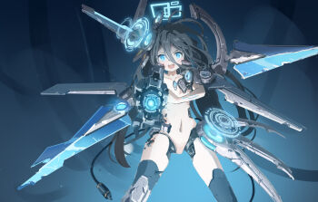 1girl absurdres android aris_(armed)_(blue_archive) aris_(blue_archive) arm_mounted_weapon armored_boots black_hair blue_archive blue_eyes blue_halo blue_thighhighs boots chigalidepoi chinese_commentary commentary_request completely_nude flat_chest hair_between_eyes halo hand_on_own_arm highres loli long_hair mecha_musume mechabare mechanical_legs navel nude official_alternate_costume official_alternate_hairstyle open_mouth robot solo thighhighs twintails very_long_hair