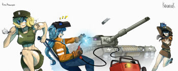 Rule 34 | 3girls, absurdres, angry, arm tattoo, belt, blonde hair, blue eyes, blue hair, blue overalls, character request, funkiflame, generator, german flag, glasses, green shorts, green tank top, grin, hat, highres, holding, holding brush, holding welding torch, jacket, kraken (japanon), long hair, marichka, military vehicle, motor vehicle, multiple girls, orange jacket, original, overalls, paint, round eyewear, russo-ukrainian war, short hair, shorts, smile, tank, tank top, tattoo, tryzub, welding torch