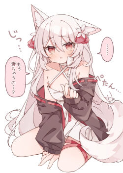 ... 1girl animal_ear_fluff animal_ears black_jacket clothes_down criss-cross_halter double-parted_bangs dress flower fox_ears fox_girl fox_tail hair_between_eyes hair_flower hair_ornament halterneck highres jacket light_blush long_hair looking_at_viewer open_clothes open_jacket open_mouth original red_ribbon ribbon ringouulu simple_background sitting sleeveless sleeveless_dress solo spoken_ellipsis tail translated twitter_username very_long_hair wariza white_background white_dress