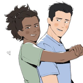 1boy 1girl 990shitpost amber_bennett behind_another black_hair blue_shirt blush dark-skinned_female dark_skin from_side green_shirt grin heart hetero highres invincible_(series) looking_at_viewer mark_grayson ponytail shirt short_hair short_sleeves simple_background smile upper_body white_background