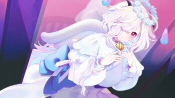 1girl choker dress eitr_(fire_emblem) eitr_(parallel_hearts)_(fire_emblem) fire_emblem fire_emblem_heroes frilled_dress frills goat_horns hair_ornament hair_over_one_eye highres horns ikura_(downdexp) lace lace-trimmed_dress lace_trim long_hair looking_at_viewer nintendo red_eyes signature solo white_hair