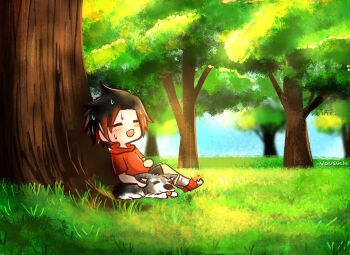 1girl absurdres ag_nonsuch against_tree black_hair black_shorts blue_sky closed_eyes commentary dog grass highres hood hoodie multicolored_hair red_hair red_hoodie ruby_rose rwby shorts signature sky streaked_hair sweat tree two-tone_hair