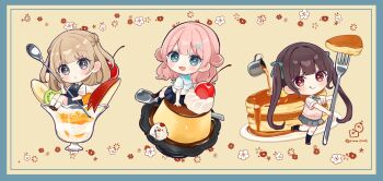 3girls :d :q apple_rabbit black_socks blue_border blue_bow blue_dress blue_eyes blue_sailor_collar blue_skirt blush border bow brown_hair brown_shoes cherry chibi chibi_only closed_mouth collared_shirt commentary_request cream_background double_bun dress food food_art fork fruit green_bow green_ribbon grey_eyes grey_skirt hair_bow hair_bun highres holding holding_fork holding_spoon in_food loafers long_hair looking_at_viewer mini_person minigirl multiple_girls neck_ribbon open_mouth original pancake pancake_stack parfait pinafore_dress pink_hair pleated_skirt pudding red_eyes ribbon rino_cnc sailor_collar school_uniform serafuku shirt shoes short_sleeves sitting skirt sleeveless sleeveless_dress smile socks spoon standing standing_on_one_leg sweater_vest tongue tongue_out twintails twitter_username two_side_up v-shaped_eyebrows very_long_hair white_shirt