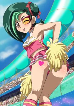 1girl ass audience breasts brown_eyes cheerleader crowd female_focus green_hair licking looking_at_viewer looking_back makino_tomoyasu mizuki_kotori_(yuu-gi-ou_zexal) short_hair small_breasts source_request tattoo tongue yu-gi-oh!
