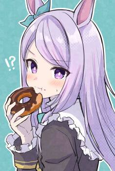!? 1girl animal_ears aqua_bow aqua_ribbon black_jacket blush bow closed_mouth coat donut ear_bow ear_ribbon eating food frilled_coat frills holding holding_donut holding_food horse_ears horse_girl jacket long_hair long_sleeves looking_at_viewer mauve mejiro_mcqueen_(frontline_elegance)_(umamusume) mejiro_mcqueen_(umamusume) purple_eyes purple_hair ribbon simple_background solo sweatdrop umamusume upper_body