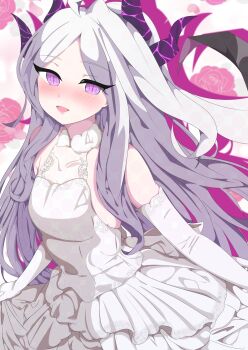 1girl ahoge blue_archive blush breasts commentary_request demon_girl demon_horns dress gloves highres hina_(blue_archive) horns long_hair looking_at_viewer open_mouth purple_eyes small_breasts solo uirou_(uirou2024) very_long_hair wedding_dress white_gloves white_hair