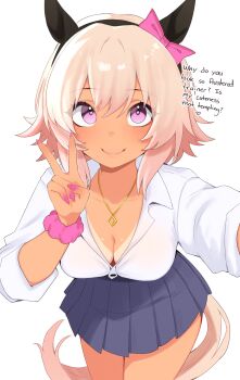 1girl absurdres animal_ears blush bow breasts cleavage collarbone curren_chan_(umamusume) ear_bow ear_covers english_text gyaru hair_between_eyes heart heart-shaped_pupils highres horse_ears horse_girl horse_tail jewelry looking_at_viewer nail_polish necklace nyaivie pink_bow pink_nails pink_scrunchie pleated_skirt purple_eyes school_uniform scrunchie shirt short_hair simple_background skirt smile solo symbol-shaped_pupils tail tan tanline umamusume v white_background white_shirt wrist_scrunchie