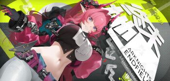 Rule 34 | 1girl, absurdres, arknights, arknights: endfield, belt, black gloves, black shirt, blue eyes, breasts, commentary, copyright name, crop top, cropped jacket, dragon girl, dragon horns, dutch angle, from below, gloves, hair intakes, hair on horn, hand up, highres, horns, jacket, lalacz, large breasts, long hair, long sleeves, looking at viewer, multicolored hair, navel, nervous, pants, pink gloves, pink hair, pink horns, pink jacket, pointy ears, shirt, sidelocks, solo, twintails, two-sided gloves, two-tone shirt, white pants, white shirt, yvonne (arknights), zipper