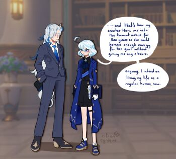 1boy 1girl adapted_costume ahoge angela_(project_moon) angela_(project_moon)_(cosplay) ankle_boots arms_at_sides ascot asymmetrical_gloves black_bow black_gloves black_shirt black_shoes black_skirt blue_ascot blue_boots blue_coat blue_eyes blue_hair blue_necktie blue_sash blurry blurry_background book boots bow brooch business_suit cheekbones chestnut_mouth citroncynique closed_mouth coat collared_shirt commentary cosplay dress_shoes english_commentary english_text expressionless eye_contact feather_hair_ornament feathers fold-over_boots formal_clothes full_body furina_(genshin_impact) genshin_impact gloves grey_jacket grey_pants grey_suit hair_between_eyes hair_bow hair_ornament hands_in_pockets height_difference heterochromia holding holding_book indoors jacket jewelry library_of_ruina long_coat long_hair long_sleeves looking_at_another low-tied_long_hair medium_skirt mismatched_gloves multicolored_hair necktie neuvillette_(genshin_impact) open_clothes open_coat open_mouth pants pointy_ears project_moon purple_eyes roland_(project_moon) roland_(project_moon)_(cosplay) sash screenshot_background shirt shoes short_hair shoulder_sash side-by-side side_part skirt sleeve_cuffs speech_bubble standing streaked_hair suit thigh_strap white_gloves white_hair white_shirt