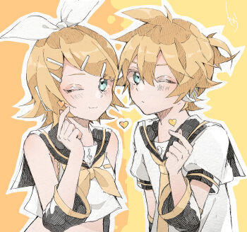 1boy 1girl ;3 absurdres aqua_eyes bass_clef black_sailor_collar blonde_hair blush bow closed_mouth commentary_request finger_heart hair_bow hair_ornament hairclip heart highres kagamine_len kagamine_rin neckerchief necktie one_eye_closed outline paripariparingo puffy_short_sleeves puffy_sleeves sailor_collar shirt short_sleeves sleeveless sleeveless_shirt treble_clef vocaloid white_bow white_outline white_shirt yellow_neckerchief yellow_necktie