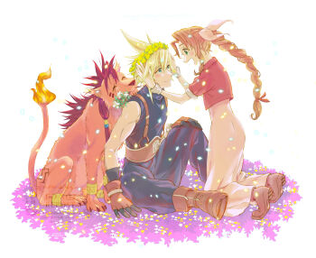 1girl 2boys 39cva aerith_gainsborough animal aqua_eyes armored_gloves baggy_pants bangle beads belt blonde_hair blue_pants blue_shirt blush boots bracelet braid braided_ponytail brown_belt brown_boots brown_gloves brown_hair claws closed_mouth cloud_strife couple cropped_jacket dress falling_petals final_fantasy final_fantasy_vii fire flame-tipped_tail flower flower_in_mouth full_body gloves green_eyes hair_beads hair_between_eyes hair_ornament hair_ribbon hand_in_another&#039;s_hair hand_on_own_knee head_wreath hetero highres jacket jewelry kneeling light_smile long_dress looking_at_another multiple_boys open_mouth pants parted_bangs petals pink_dress pink_ribbon red_hair red_jacket red_xiii ribbon scar scar_across_eye scar_on_face shirt short_hair short_sleeves sidelocks single_bare_shoulder single_braid sitting spiked_hair suspenders tail white_background white_flower yellow_flower