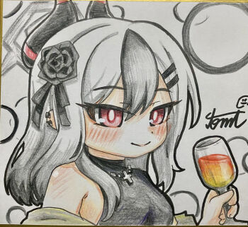 1girl absurdres black_hair blue_archive commentary_request cup drinking_glass hair_ornament halo highres holding holding_cup horns kayoko_(blue_archive) multicolored_hair red_eyes shikishi solo tomimon traditional_media